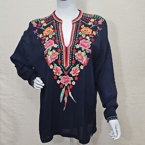 Johnny Was S M Oversized Semi-Sheer Blossom Navy Embroidered Roll Tab Tunic Top